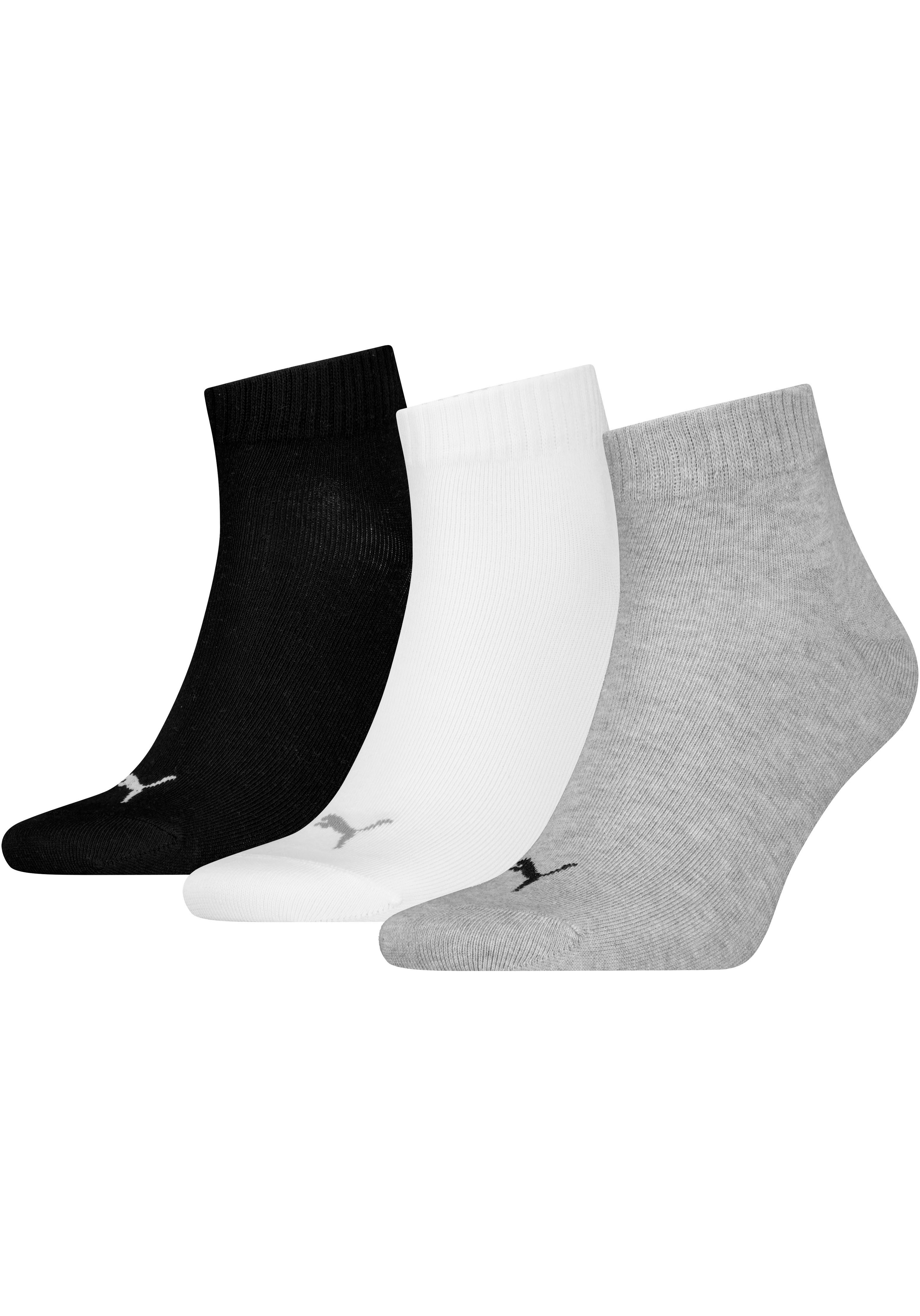 Kurzsocken PUMA "PUMA UNISEX QUARTER PLAIN 3P", Herren, Gr. 47-49, schwarz-weiß (1x schwarz, 1x weiß, 1x grau, meliert), Baumwollmischung, meliert, uni, elastisch, Socken, Atmungsaktiv, Rippenbündchen, weiche Baumwollmischung