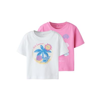 Kurzarmshirt NAME IT "NMFJASSA 2P SS NREG TOP PB", Mädchen, Gr. 92, aurora pinkpack:w lucent weiß, Jersey, Obermaterial: 100% Baumwolle, bedruckt, casual, regular fit, Rundhals, Kurzarm, Shirts Image