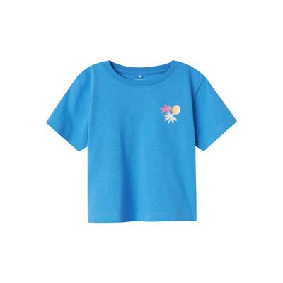 T-Shirt NAME IT "NMFJASSA SS NREG TOP PB", Mädchen, Gr. 104, blau (marina), Web, Obermaterial: 100% Baumwolle, bedruckt, casual, regular fit, Rundhals, Kurzarm, Shirts Image