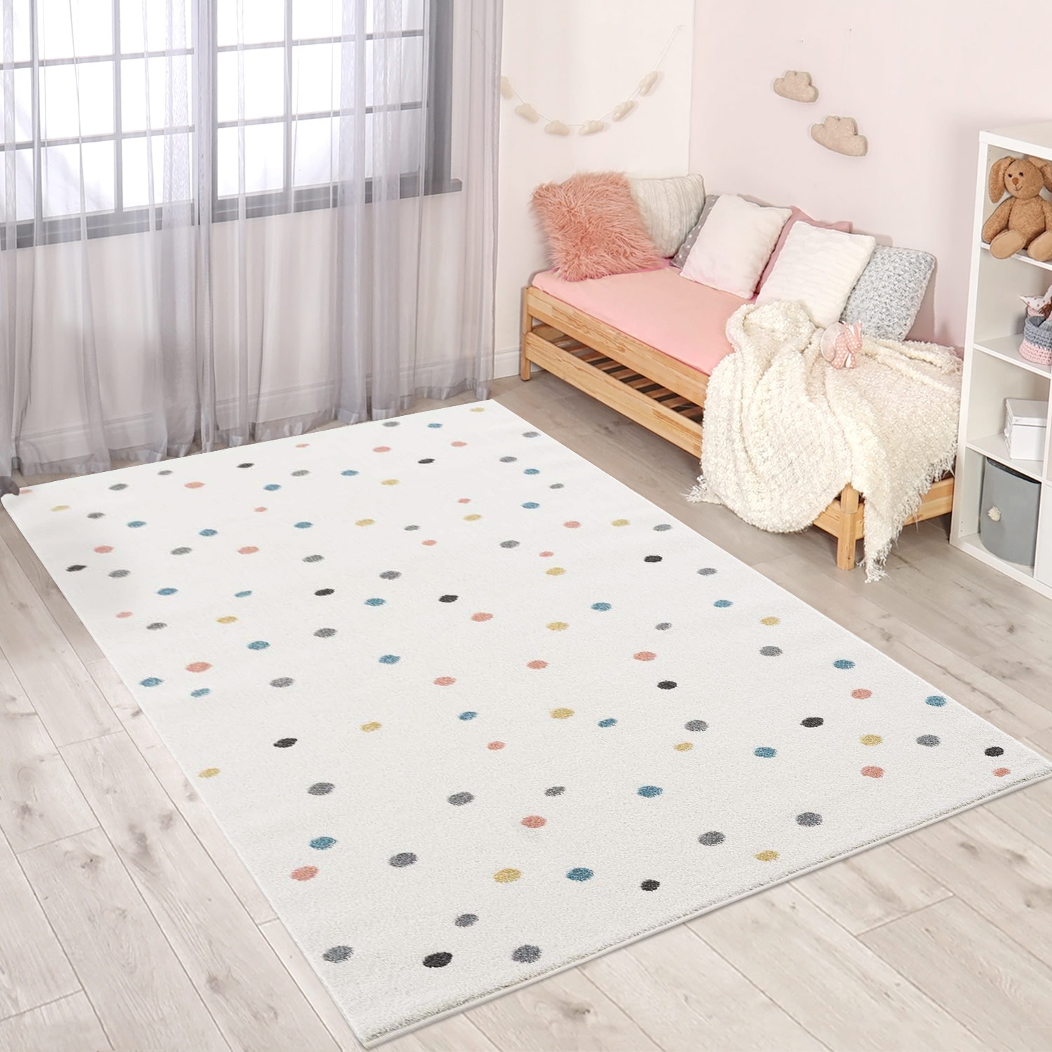 Kinderteppich CARPET CITY "Anime9396", beige (creme), B:80cm H:11mm L:150cm, Polypropylen (PP), Teppiche, Spielteppich, Spielteppich, Bunte Punkte, Weicher Flor, Pflegeleicht, Kinderzimmer