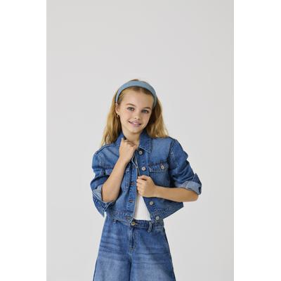 Jeansjacke KIDS ONLY "KOGLUMI LS JACKET DNM PIM NOOS", Mädchen, Gr. 116, blau (medium blau denim), Denim/Jeans, Obermaterial: 100% Baumwolle, unifarben, modisch, regular fit, Langarm, Jacken Image