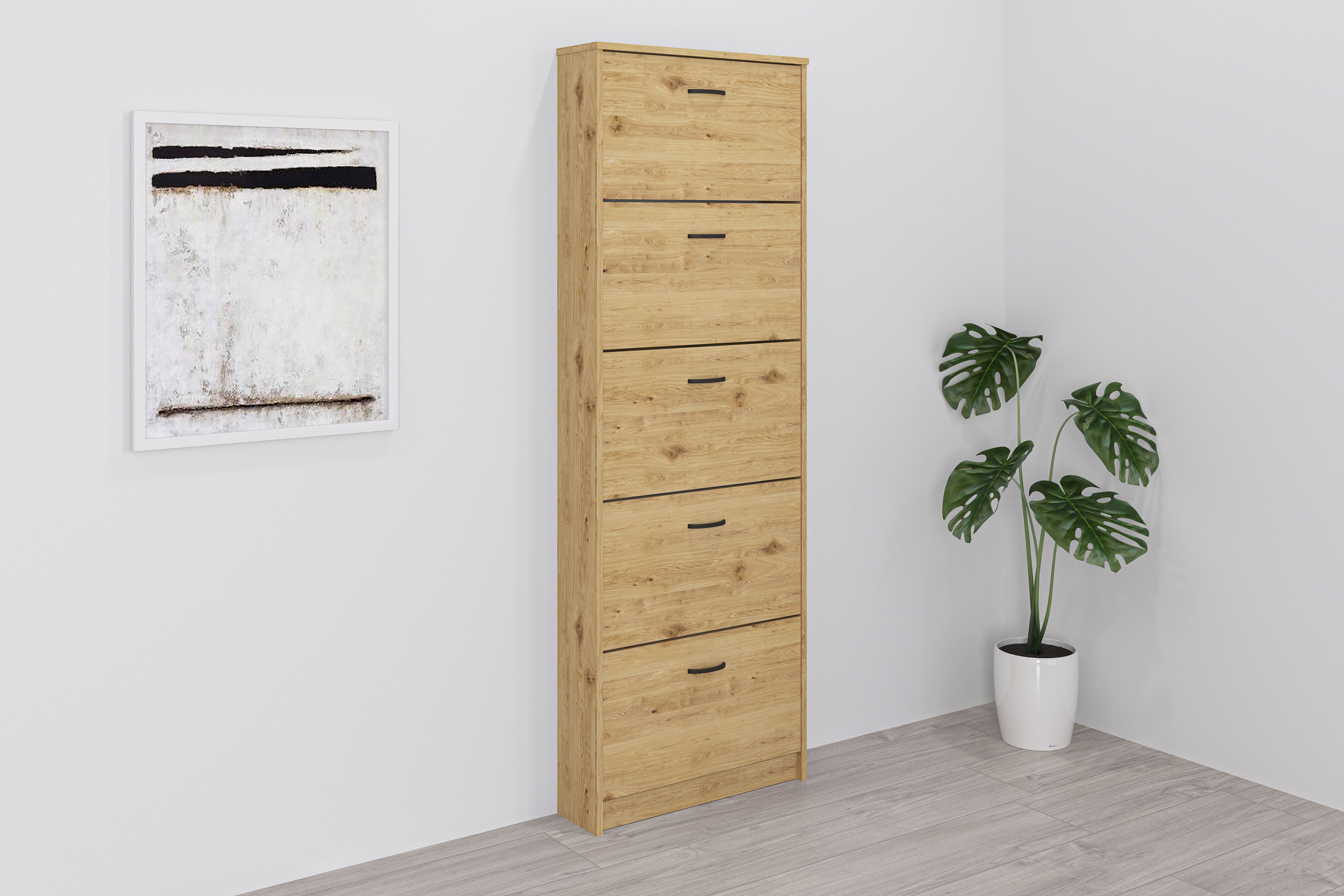 Schuhschrank FMD "Step 5", beige (artisan oak), B:58,5cm H:168,5cm T:17cm, Schränke, Schuhschrank, Schuhkipper mit 5 Schuhklappen, Höhe 168,5 cm, Tiefe 17 cm