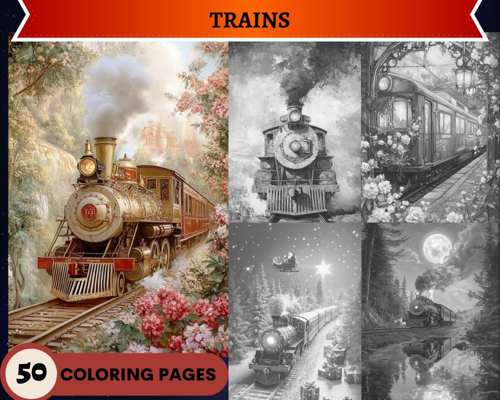 Libro da colorare sui treni, libro da colorare fantasy, libro da colorare per adulti, pagina da colorare in scala di grigi, pagina da colorare sui pae