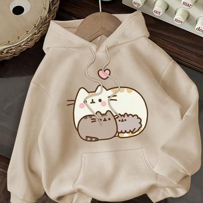 TEMU Women's Casual Cartoon Cat Graphic Print Hooded Sweatshirt - Soft Beige Pullover With Drawstring Hood, Cozy Fall & Winter Machine-washable Women's Clothing, Cat Clothes, Everyday Apparel, Durable Image