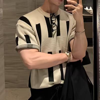 TEMU Men's Casual Crew Neck Knit Sweater - Short Sleeve, Rayon, Color With Black & White Vertical Stripes, Summer Pullover For Casual Attir Image