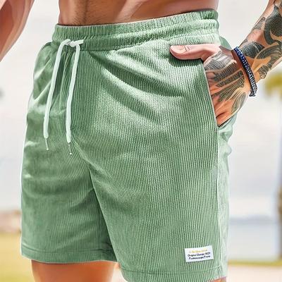 TEMU Men's Corduroy Striped Beach Shorts With Elastic Waist Drawstring, Slogan Patch & Waffle Texture - Casual Athletic Shorts For Summer, , Basketball, Football, Tennis, Image