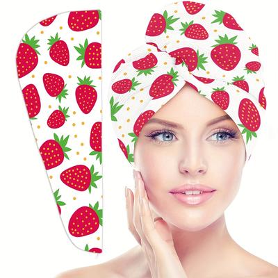 TEMU 1pc/2pcs Decor Strawberry Pattern Large Microfiber Hair Towels For Women Quick Dry For Long And Short Hair With Button Suitable For Home Use Perfect Gift For Women Hair Towel Wrap For Women Image