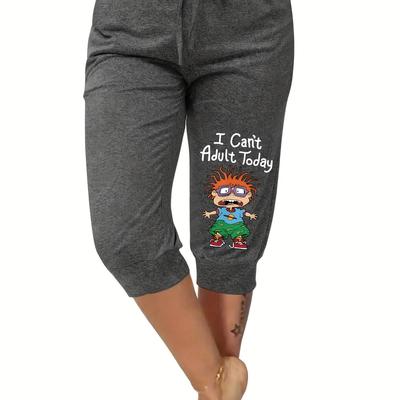 "TEMU Women's Plus Size ""i Adult Today"" Graphic Harem Pants - Elastic Waist Relaxed Fit Mid-length Casual Shorts With Print, Grey, Machine Washable Wear, Durable Fabric"