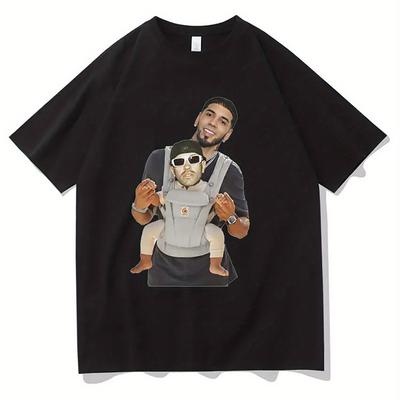 TEMU Aa & Carriage Graphic T-shirt - Oversized Unisex 100% Cotton Hip Hop Tee With Geometric Print, Machine Washable Streetwear For , Casual Fashion, Urban Style, Breathable Fabric Image