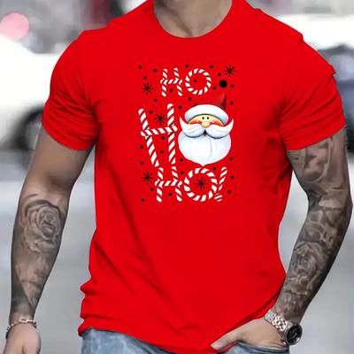 TEMU Men's Santa & Print T-shirt - Casual Crew Neck, Short Sleeve, Polyester , Machine Washable Image