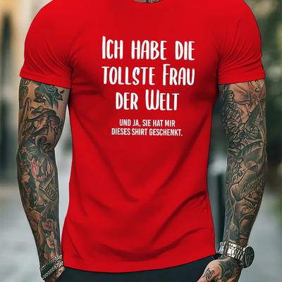 "TEMU Men's Casual Letter Print Crew Neck Short Sleeve T-shirt - Comfortable Summer Wear With "ich Habe Die Tolste Der Welt" Design, Everyday Home Or Outdoor Activities" Image