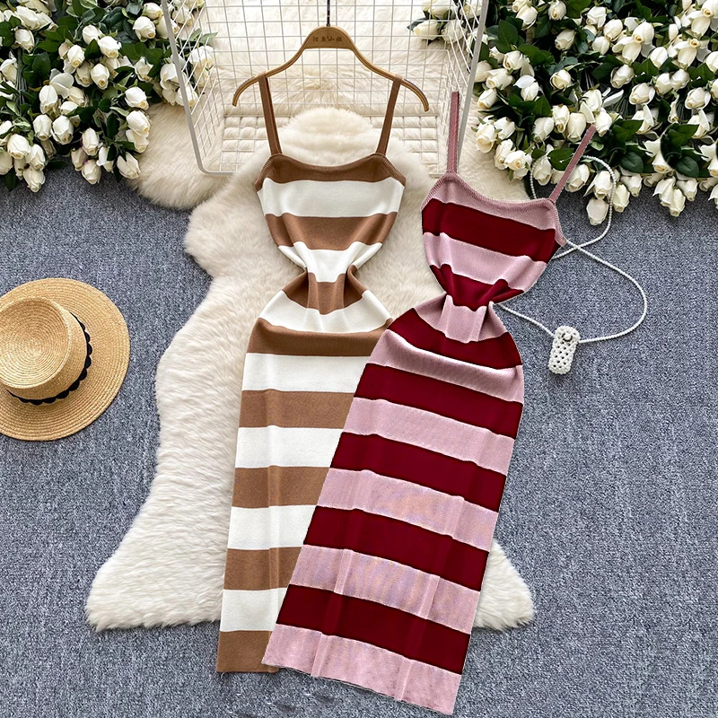 2025 dame Neue Streifen Ins Mode Sexy Paket Hüften, Figurbetontes Kleid Sommer Gestrickte Spaghetti-trägern Outfits Maxi Lange Frauen Kleid Image