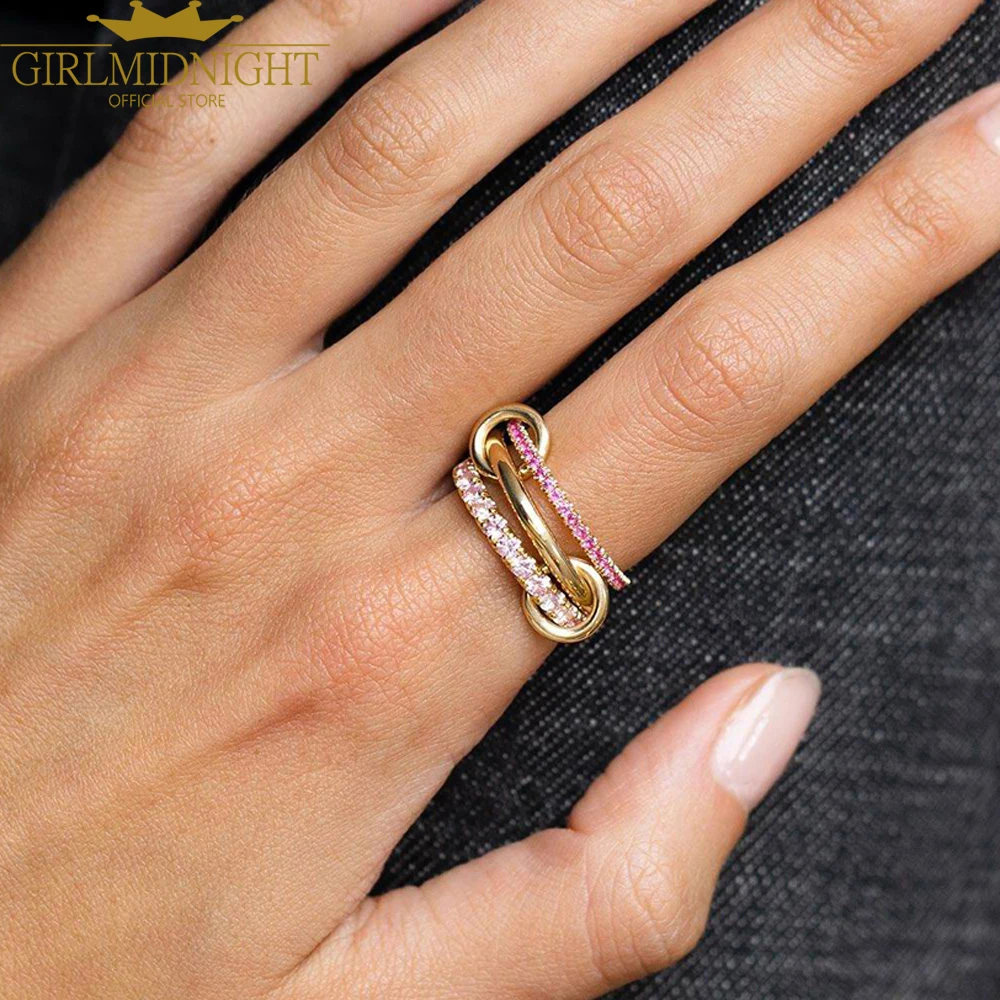 Neue Iced Out Gold Farbe Multi Link Kette Ring Rosa CZ Zirkon Verbinden Band Finger Ringe Für Frauen Mode Schmuck Image