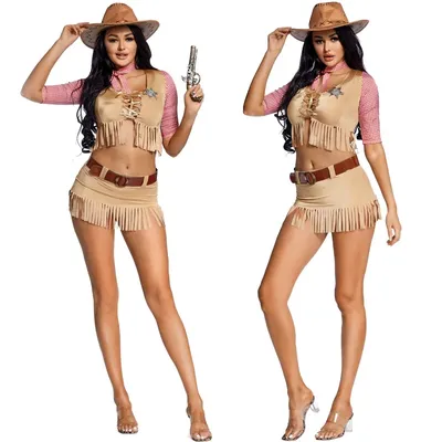 Sexy Frauen Cowgirl Kostüm Erwachsene Party Kleid Crop Top Quaste Rock Halloween American Western Cosplay Outfit Image