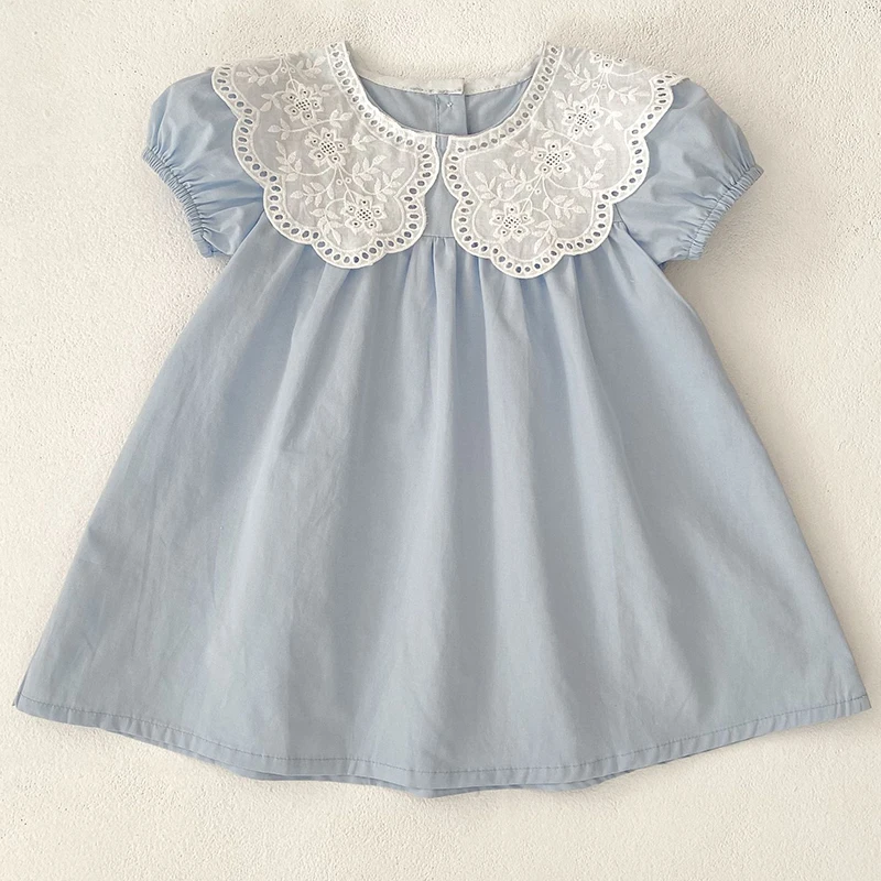 Baby Mädchen Kleid Kinder Sommer Niedliche Blumen Kleid 1-6 Jahre Kinder Mode Puppe Kragen Prinzessin Kleid Blau Baumwolle Mädchen kleider Image