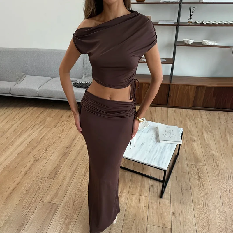 Tuularose Braun Patchwork Rock Set frauen Spitze Up Slash Neck Nabel-Gasing Top Schlitz Hohe Taille Rock set Dame Sexy Rock Set Image