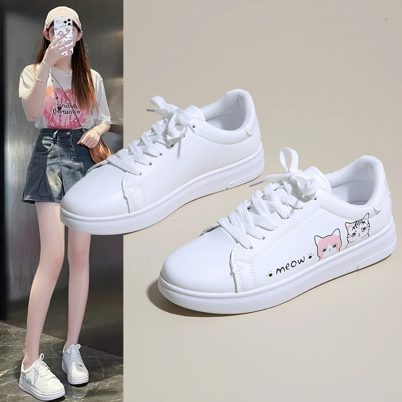 Frauen Turnschuhe Mode Breathble Vulkanisierte Schuhe Pu Nette Katze Cartoon Lace Up Casual Weiß Frauen Schuhe Zapatos De Mujer Weibliche