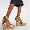 Gelbe Rose Print Keil Sandalen Frauen Kleid Schuhe Schaffell Bequeme Sommer Dame Schuhe 10 cm Retro