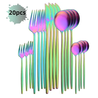 20Pcs Luxury Matte Flatware Set Kitchen Stainless Steel Tableware Set Hotel Dinnerware Set Rainbow Cutlery Set Gift