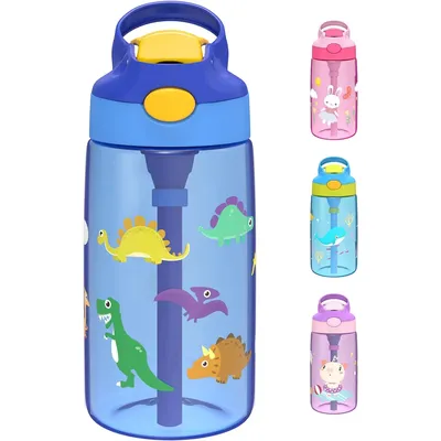 Kids Water Bottle with Straw & Handle - 16 oz BPA Free Kids Water Bottles, Spill Proof, Easy-Clean, Dishwasher Safe - Cute Dino