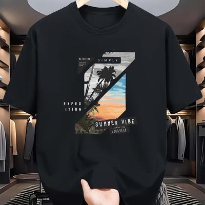 TEMU Men's Casual Summer T-shirt With Tropical Beach Print - Lightweight, Breathable Fabric, Round Neck, Short Sleeve, Regular Fit, Casual Attire, Beach Shirts Image