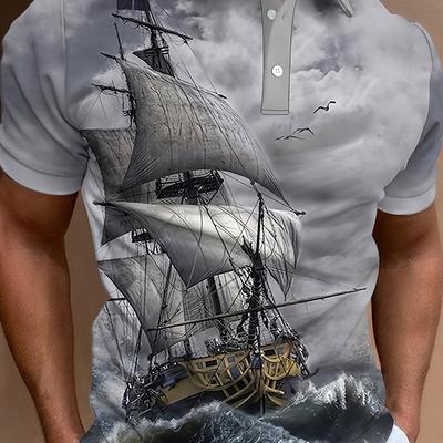 TEMU Men's 3d Sailing Ship Print Shirt - Casual Short Sleeve, Button-up Collar, Machine Washable, Summer Nautical Style, Asymmetrical Hem, Lightweight Fabric, Golf Or Tennis Image