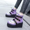 Mode Damen Hohe Stiefel Punk Damen Schnalle Stiefeletten Plateaustiefel Keile Metallschuhe für Designer GothicPlattform Schuhe