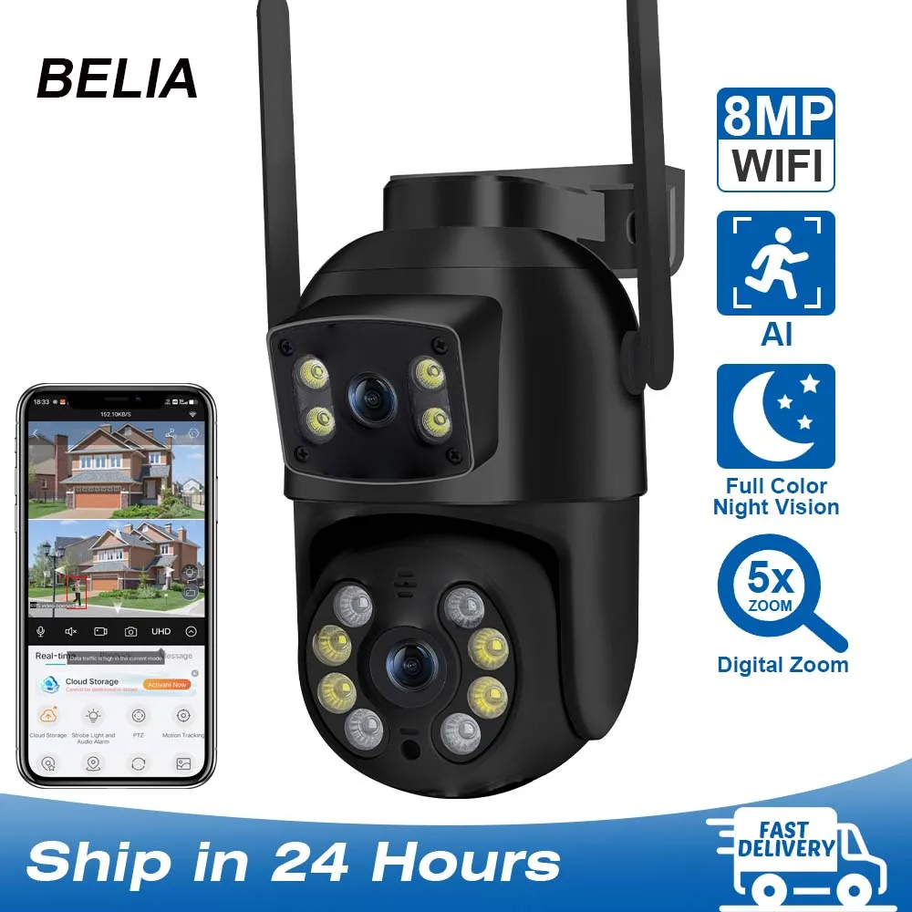BELIA 4K 8MP WiFi-Überwachungskamera, Dual-Objektiv, 4-facher Digitalzoom, KI-Menschenerkennung, ONVIF, PTZ-IP-Sicherheitskameras für den Außenbereich Image