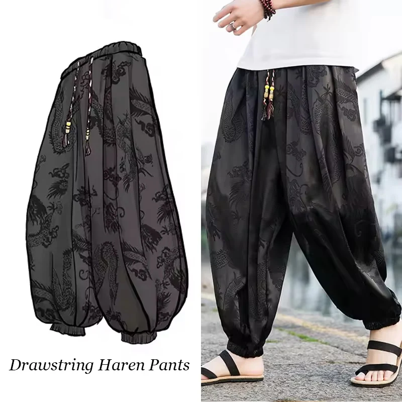 Neue männer Casual Hosen Japan Stil Lose Hosen Sommer Eis Seide Drachen Dunkle Blume Hosen Outdoor High Street Casual Kordelzug
