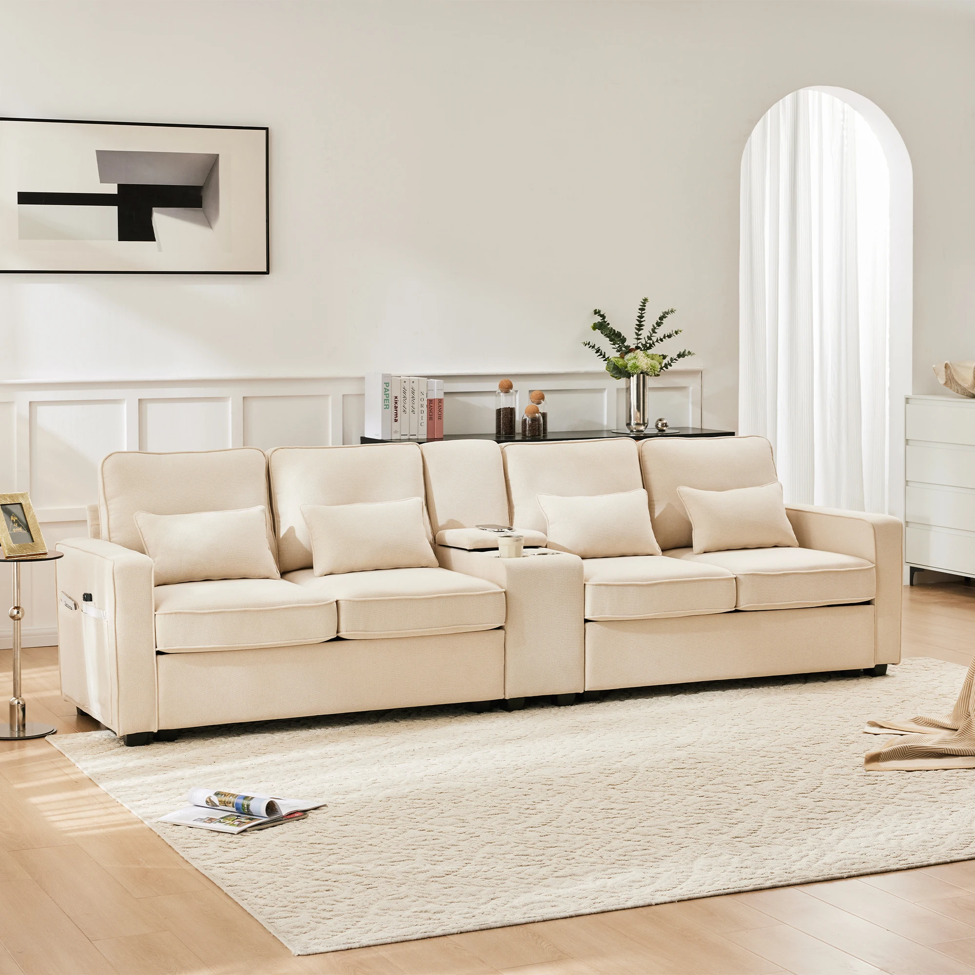 Ecksofa Schlafsofa mit 4 Kissen, Seitentaschen, Hochelastischer Schwamm, Grau/Beige