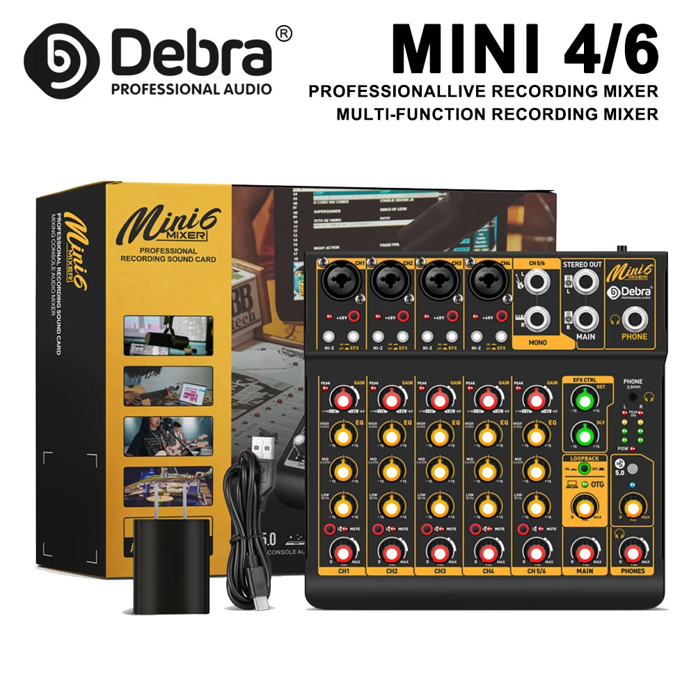 Mini 6 6-Kanal-Audiomischer DJ-Mixer mit Bluetooth 5.0 OTG Reverb 48 V Soundkarte für PC-Aufnahmen, Live-Mischen Image