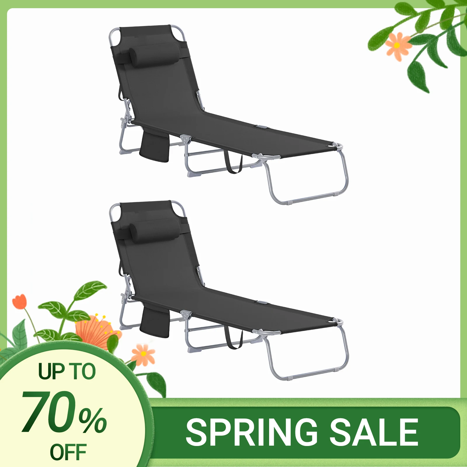 SoBuy OGS35x2 2-er Set Gartenliege mit Tasche und Kopfkissen luftig klappbar Liegestuhl für Gärten, Höfe, Strände, Balkone