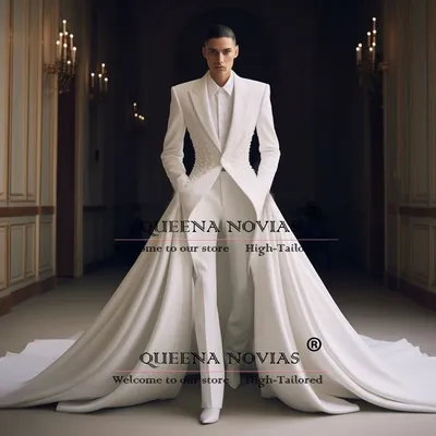Exquisite Wedding Suits With Moved Train Man Formal Party Dresses Tuxedos Customized Pearls Jacket Pants 2 Pieces Set Suits Men
