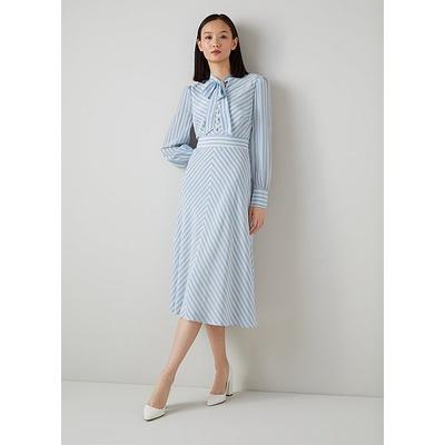 Marcellin Blue and Cream Stripe Silk Dress, Blue