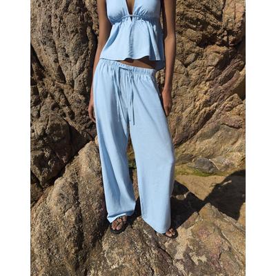 Bershka Linen Blend Trousers With An Elasticated Waistband Women Xxs Light Blue