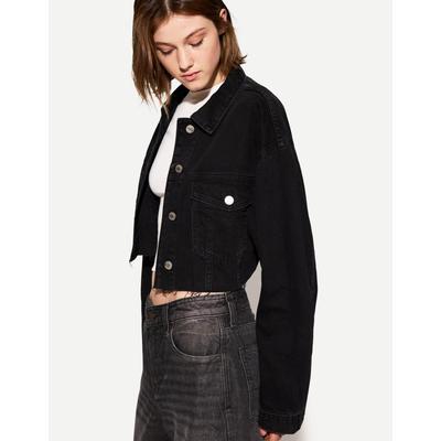 Bershka Cropped Denim Jacket Women 10-12 Black