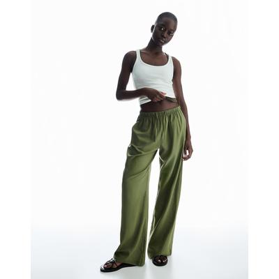 Bershka Linen Blend Trousers With An Elasticated Waistband Women Xxs Khaki