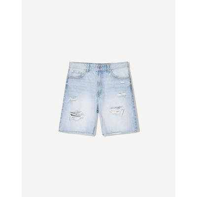 Bershka Ripped Denim Bermuda Shorts Men 36 Light Blue