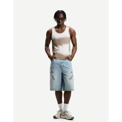 Bershka Bermuda Jorts With Star Patches Men 34 Light Blue
