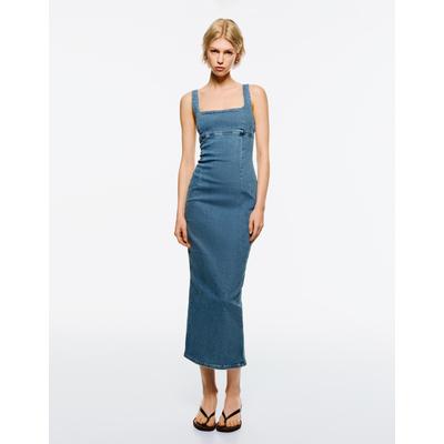 Bershka Long Denim Dress With Straps Women Xs Light Blue