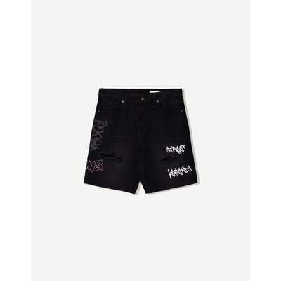 Bershka Printed Denim Bermuda Shorts Men 36 Black