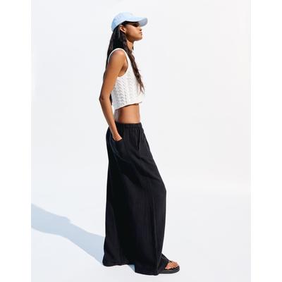 Bershka Wide-Leg Rustic Double Cloth Trousers Women Xs Black