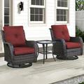 Outdoor Swivel Rocker Patio Chairs with Side Table 3 Pieces PE Wicker Patio Furniture Set for Porch Deck Balcony Garden-Brown/Red