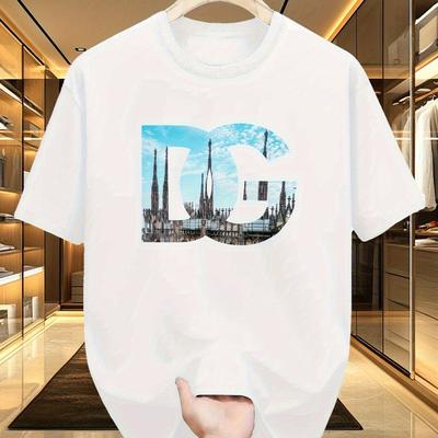 TEMU Men' Dg Letter Print Streetwear T-shirt - Regular Fit Round Neck, Medium-stretch Fabric, Machine Washable, Casual & Sports Wear, Geometric Pattern Tee, Nontransparent Material Image
