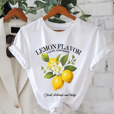 TEMU Women's Lemon T-shirt - Short Sleeve Crew Neck Summer Top With Design, Breathable Fabric & Machine Washable For Spring & Fall, Everyday , Graphic Tee, Medium Elasticity Image