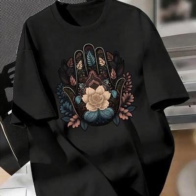 TEMU Men's Vintage Handprint Floral Graphic T-shirt - Casual Style Short Sleeve Tee, Soft Breathable Fabric, Round Neck, Regular Fit, Machine Washable, Image