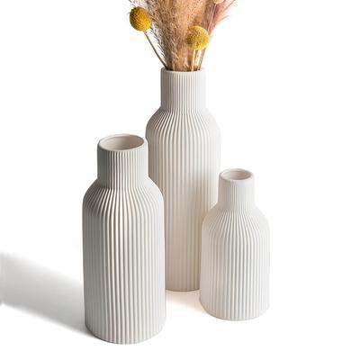 TEMU 3pcs Boho Style Ceramic Vase Set - Modern Aesthetic Flower Vases With Ribbed Texture, Home Decor, Home Decor Vases | Ribbed Ceramic Vases | Decorative Vase Set, Ceramic Vase Decor Image