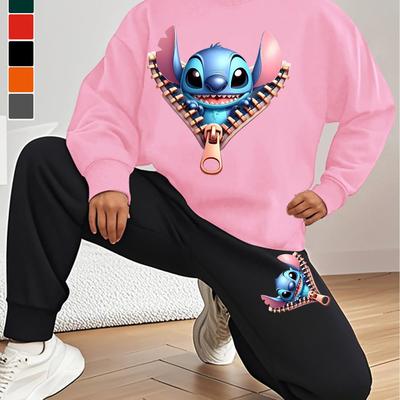 "TEMU Stitch Zip-up Tracksuit - Women's Casual Two-piece Set With "the Crossover" Graphic, Long Sleeve Crewneck Sweatshirt & Pants, Black, Casual Wear| Design| Top, Cartoon Clothin" Image