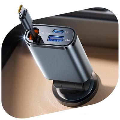 TEMU Car Charger 4 In 1 With Dual Retractable Cable Dual Port Usb C Pd Fast Charging Car Lighter Adapter With Voltage Display Compatible Iphone, Without Battery Image