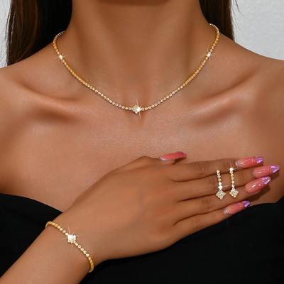 TEMU Three-piece Elegant Necklace, Earrings, And Bracelet Set For Women, With Rhinestones, Silver-plated, Minimalist Style, Holiday Themes, Party Or Casual Attire, Suitable For All Image